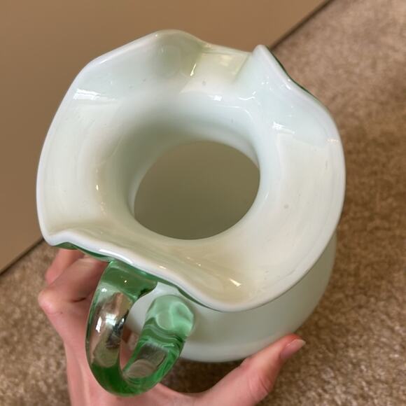 Mouth Blown Cased Green and White Glass Pitcher 9” Light green glass with white - Picture 6 of 6